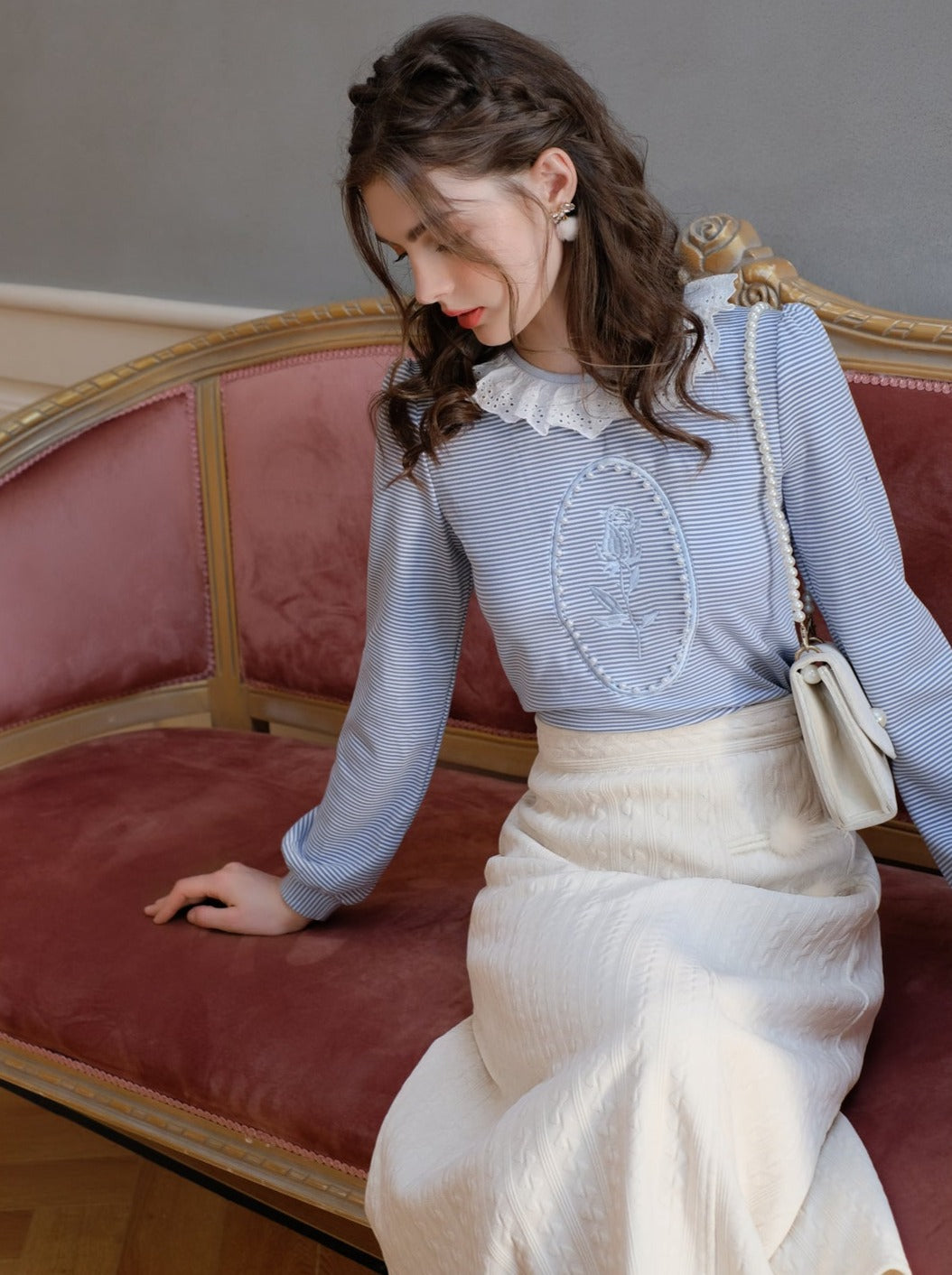 コースタルローズフレンチレトロビーズボーダートップス