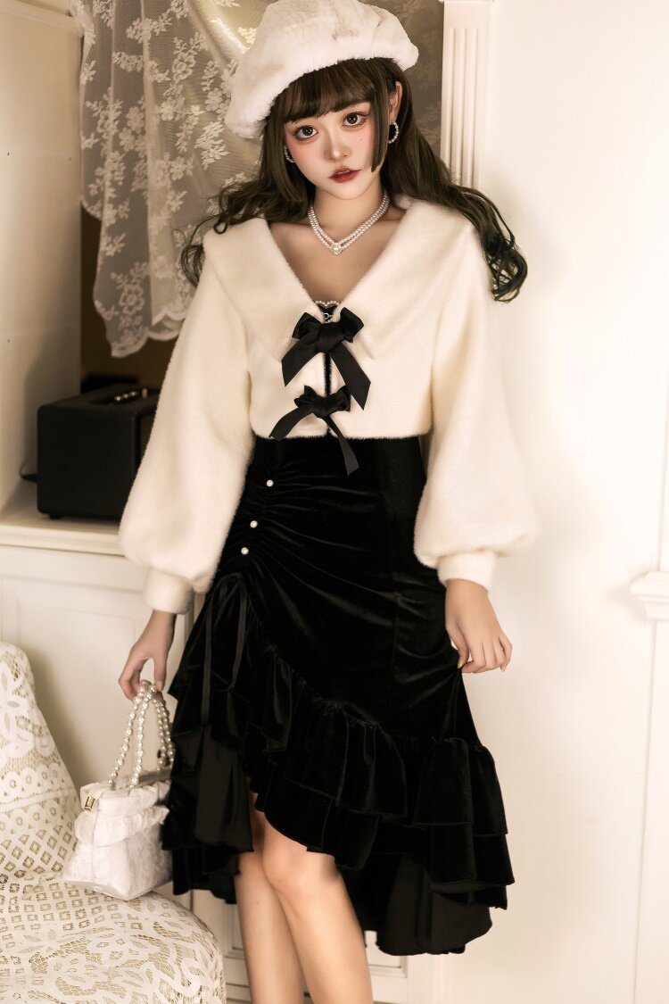 Volumenärmel-Band-Revers-Kurzjacke + Perlen-Herz-Raffung-Trägertop-Kleid