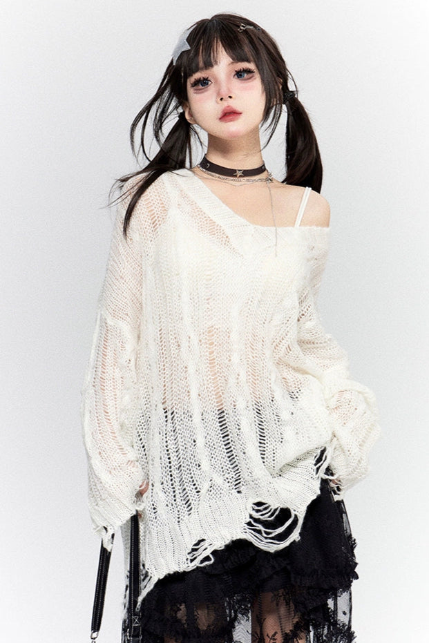 ワンショルダーダメージメッシュルーズトップス