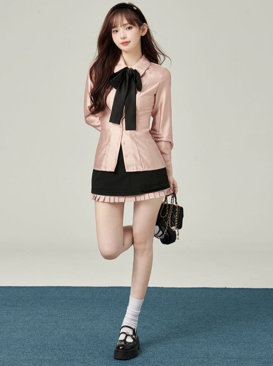 Big bow blouse + strappy skirt + ruffle short skirt