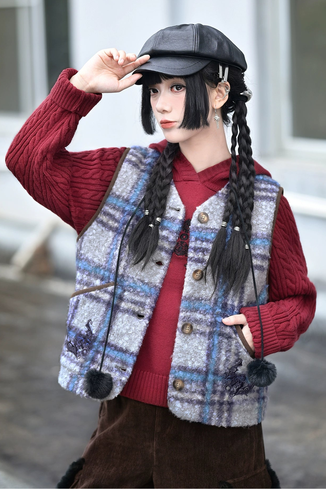 フーバットダークレッドニットフードパーカー