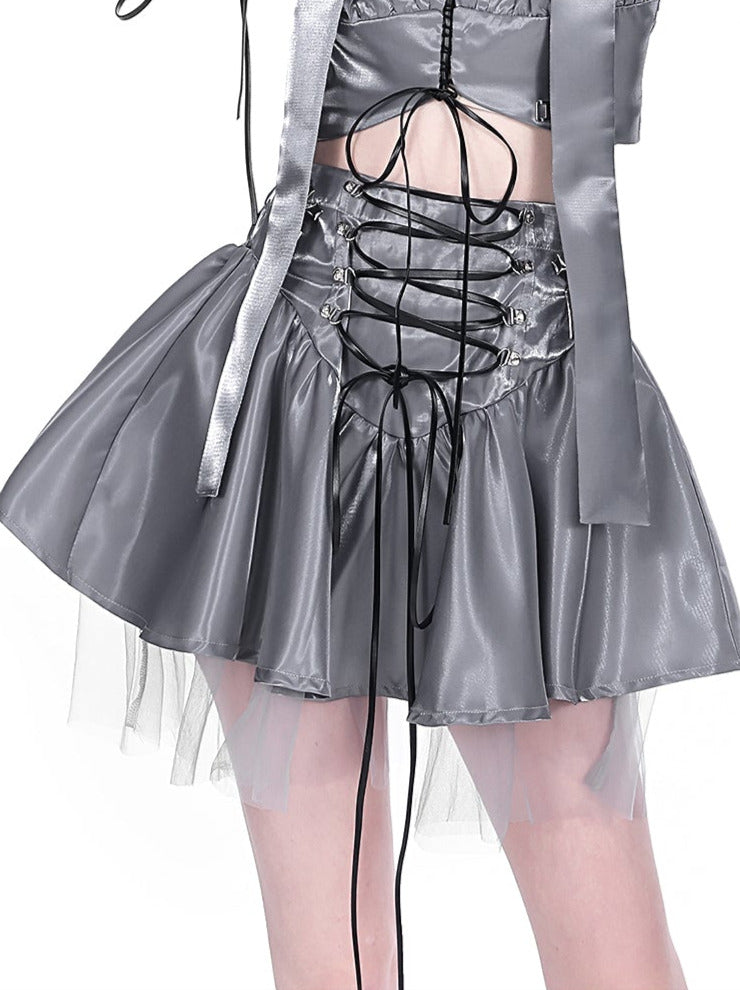 Cyberpunk glitter setup cross neck stole + puff sleeve short top + lace up tulle skirt