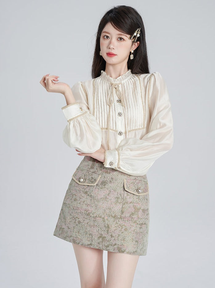 French apricot stand collar shirt + retro design skirt