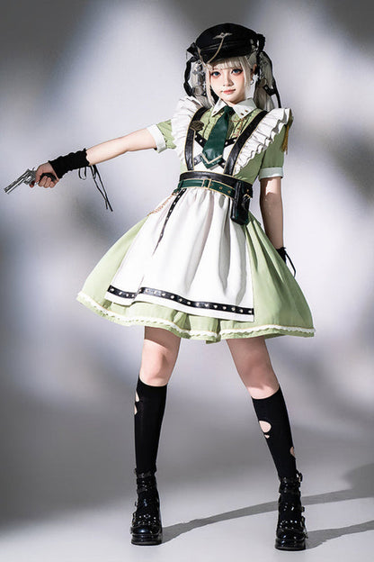 Schwarz-grünes Militär-Maid-Lolita-Kleid Komplettset