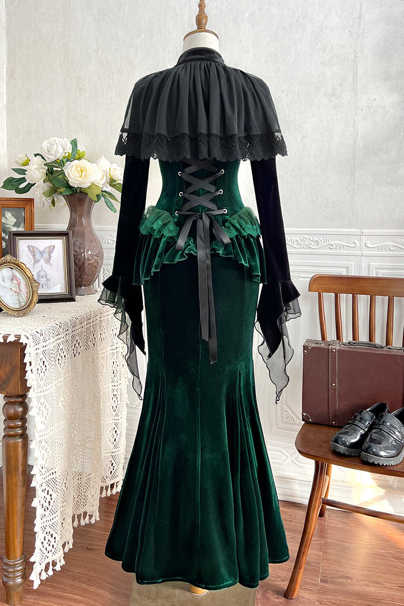 Dark Forest Lolita Elegant Fishtail Dress + Long Sleeve Short Cape