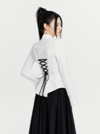 White cool open collar waist shape back lace-up shirt