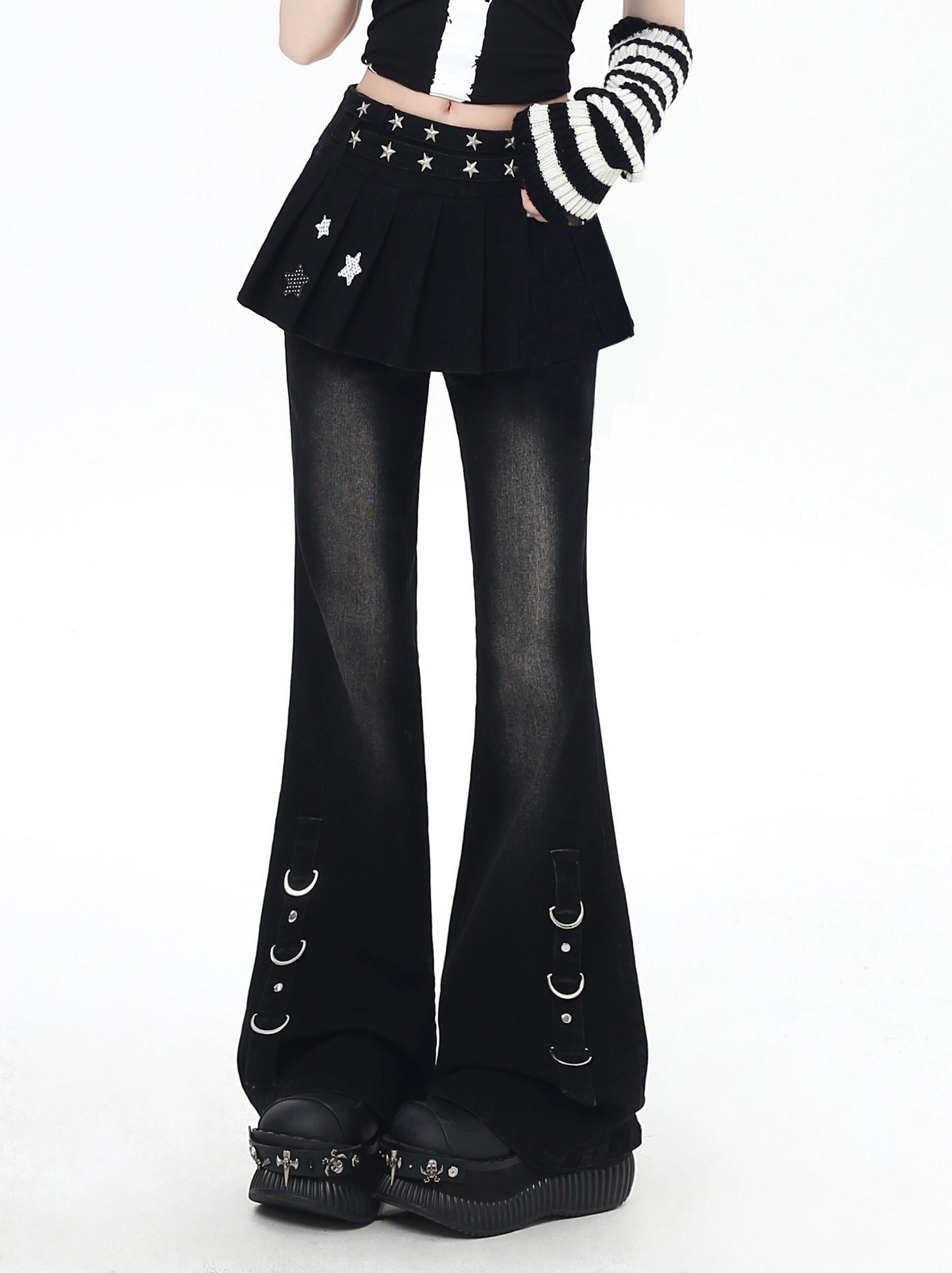 Faux two-piece skirt design slim slim jeans + pendant