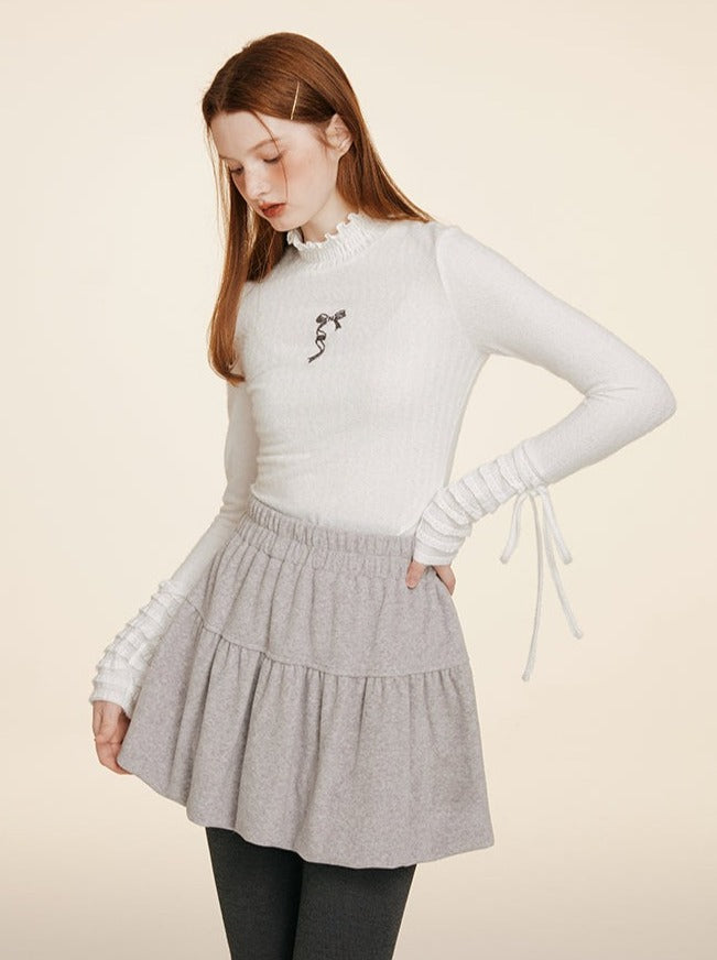 Asymmetrical Bow Tie Tight Ruffle High Neck Top