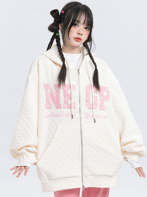 American Waffle Letter Zipper Hooded Hoodie