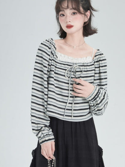 Square Collar Border Loose Tops