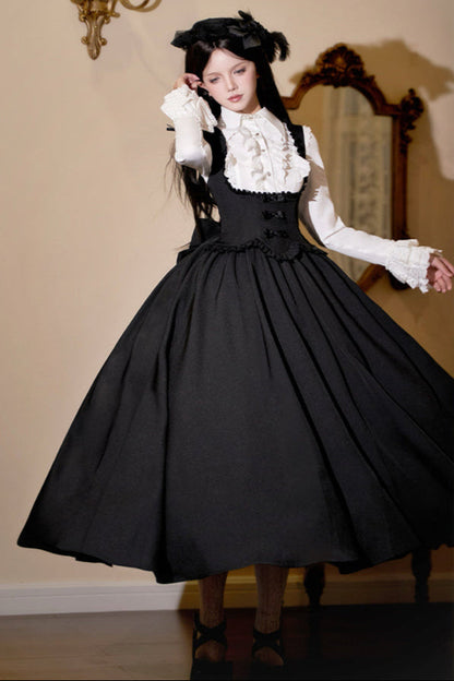 [Reservations] Dark Gothic Doll Long Suspender Lolita Skirt + Big Ribbon Tail + Ruffle Shirt + Ruffle Collar