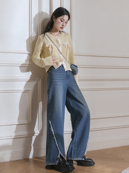 Low edge slit mid -rise -leged denim pants