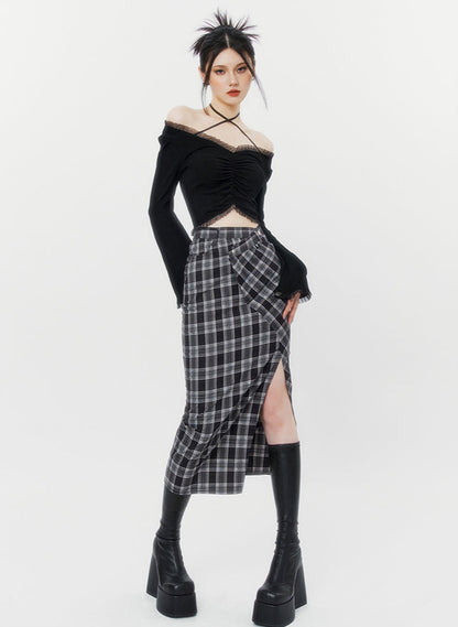 Y2K Dark Check Design Waist Split Skirt