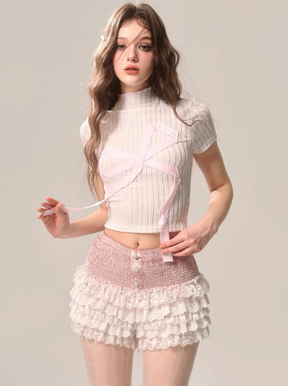Pink White Part Lace A-Line Cake Skirt [Shorts Style