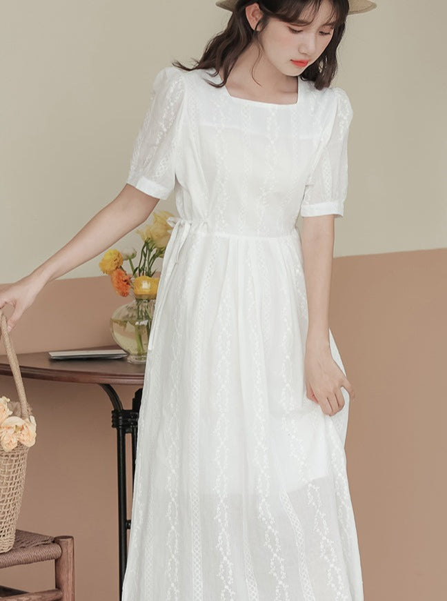 Square color puff sleeve waist dress