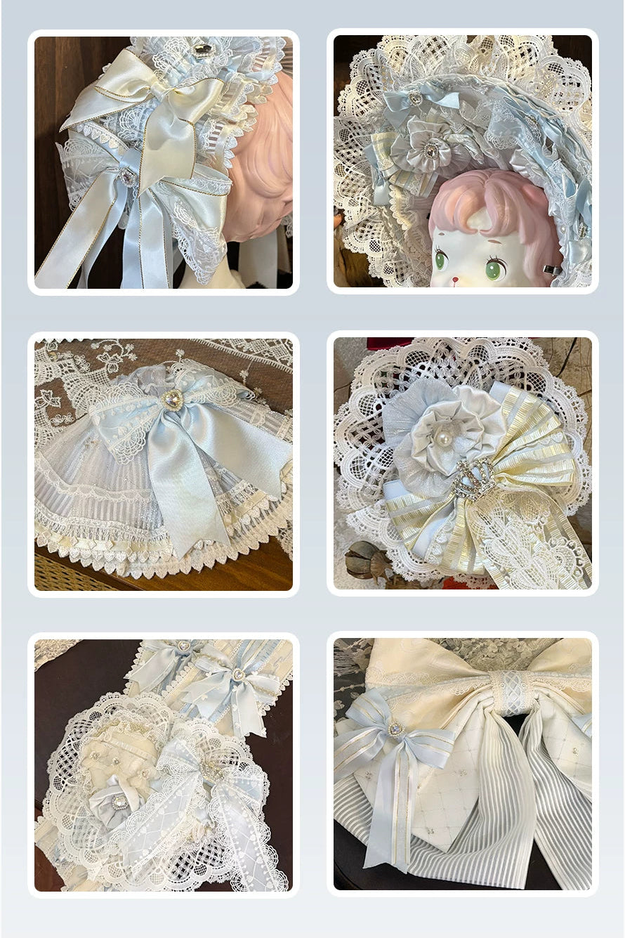 [Scadenza prenotazione 1 agosto] Accessori della serie floreale sweet lolita blu x bianco (bonnet + velo cerchietto per capelli + velo nastro a fusciacca polsini da polso fiocco posteriore accessorio a cerchio floreale)