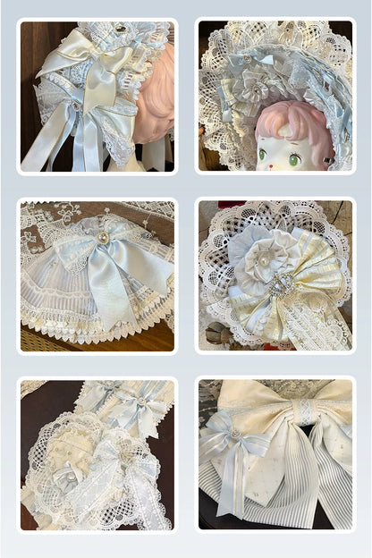 [Scadenza prenotazione 1 agosto] Accessori della serie floreale sweet lolita blu x bianco (bonnet + velo cerchietto per capelli + velo nastro a fusciacca polsini da polso fiocco posteriore accessorio a cerchio floreale)