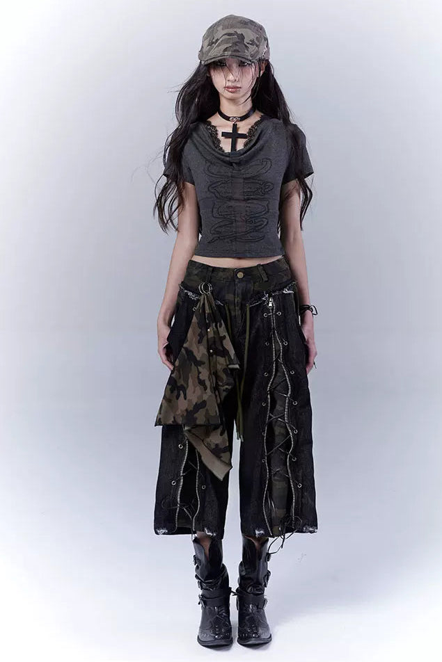 カモフラージュディストレストクロップドパンツ+スカーフ