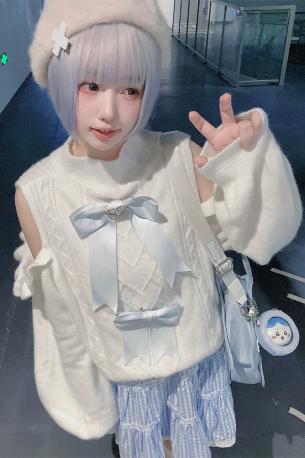 Sweet girly ribbon white aqua top