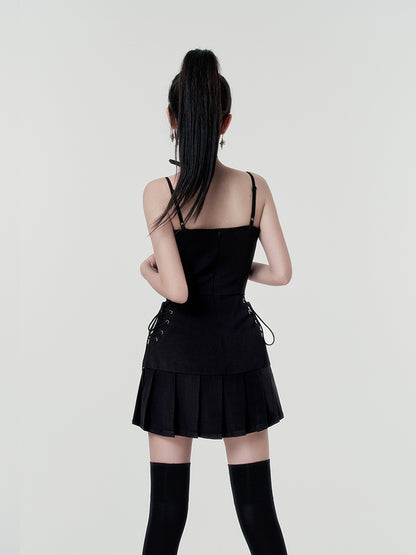 Punk rock lace-up split sass bustier dress + check short jacket