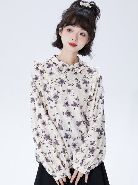 Retro Flower Lantern Sleeve Blouse