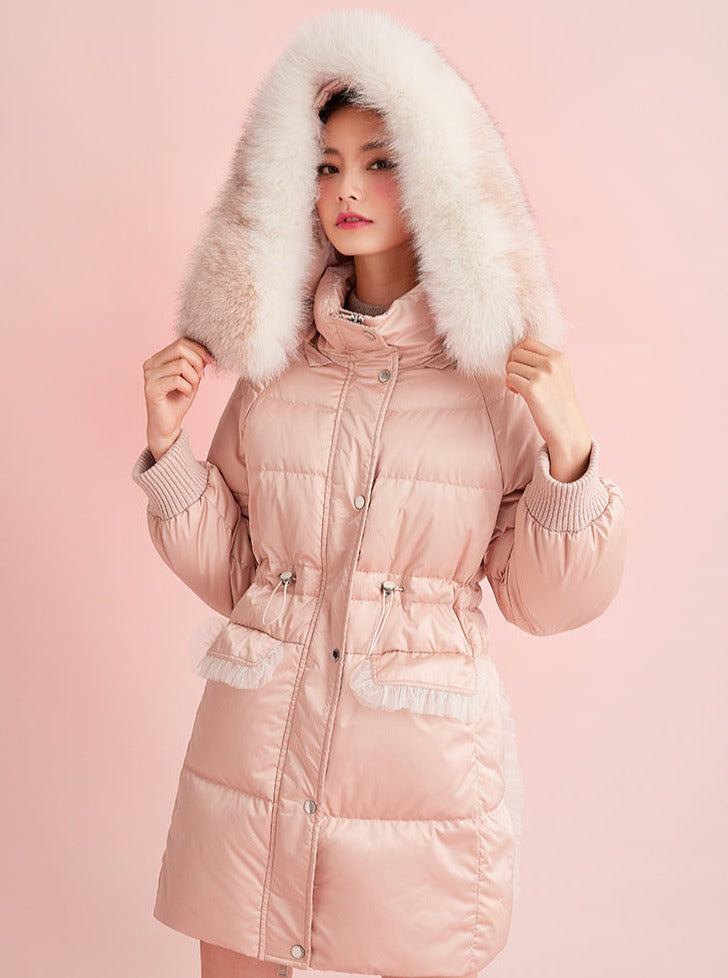 Pink Mid Length Fox Fur White Duck Down Jacket