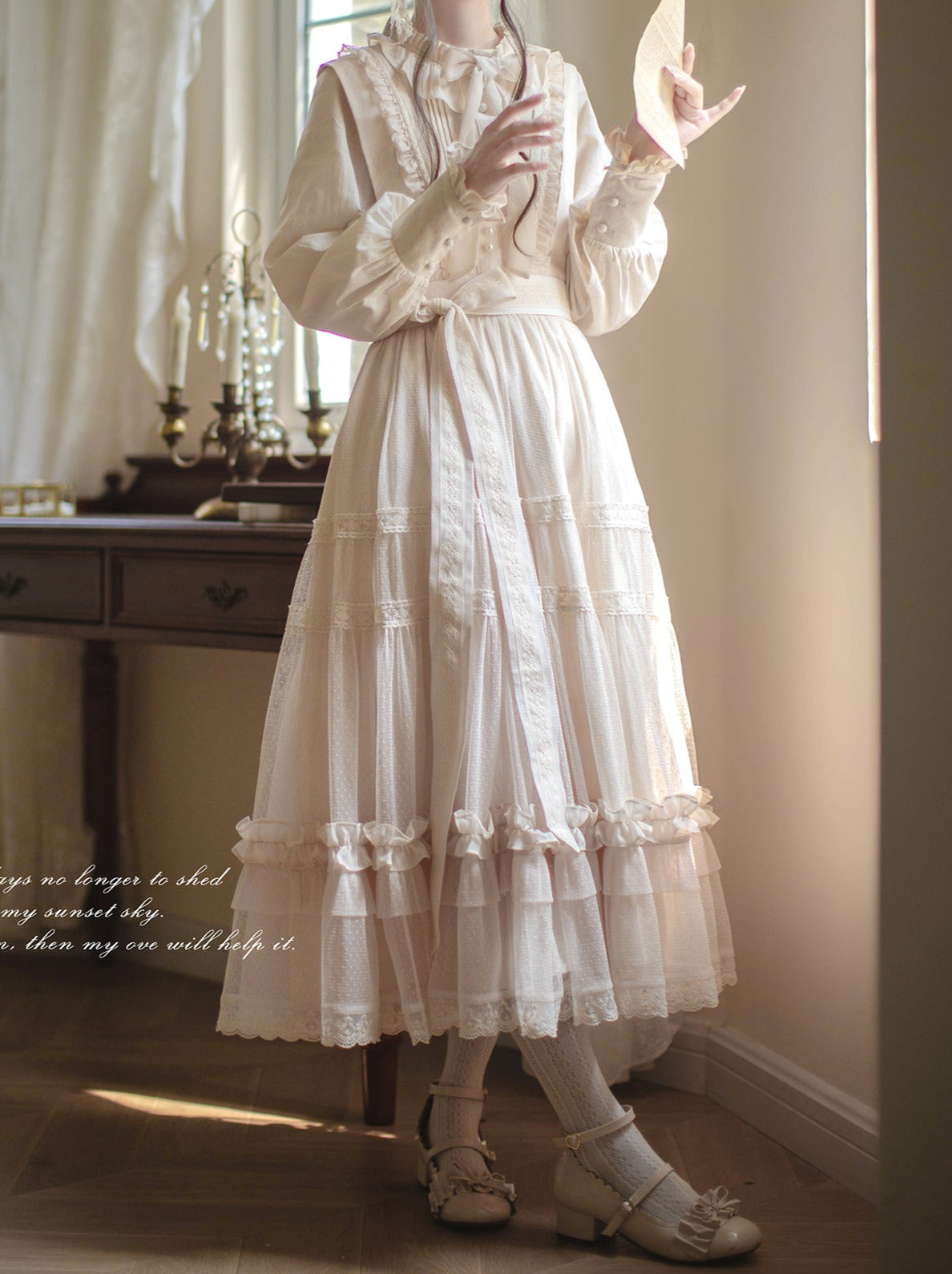 Sweet Elegant Light Lolita Frilled Shirt + Dotted Lace Sundress + Top Ribbon + Waist Ribbon [Reserved Item].