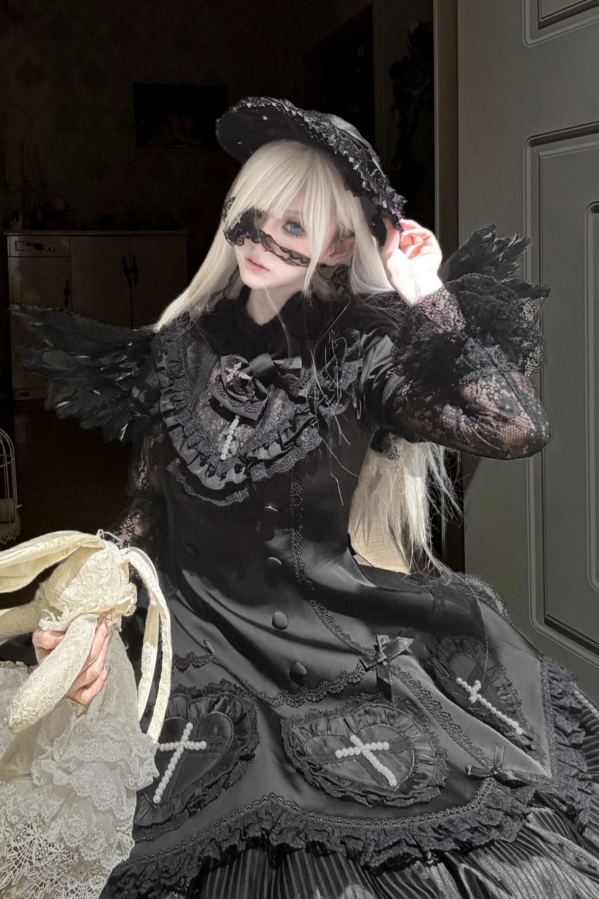 [Deadline for reservations: November 21] Night Cross Dark Elegant Gothic Lolita Pearl Ribbon Bonnet
