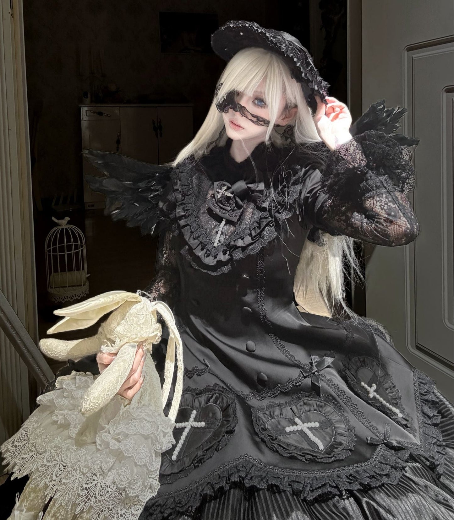 【12月12日予約締切】Night Crossダークエレガントゴシックロリータジュエルリボンケープ＋ロングドレスセット