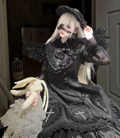 【12月12日予約締切】Night Crossダークエレガントゴシックロリータジュエルリボンケープ＋ロングドレスセット
