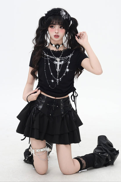 Y2Kサブカルレーストリムドローストリングトップス