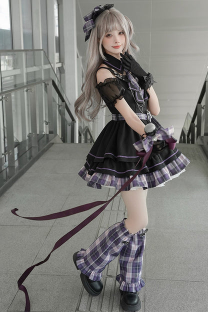 다크 카와이 체크 로리타 원피스 + 레그 워머