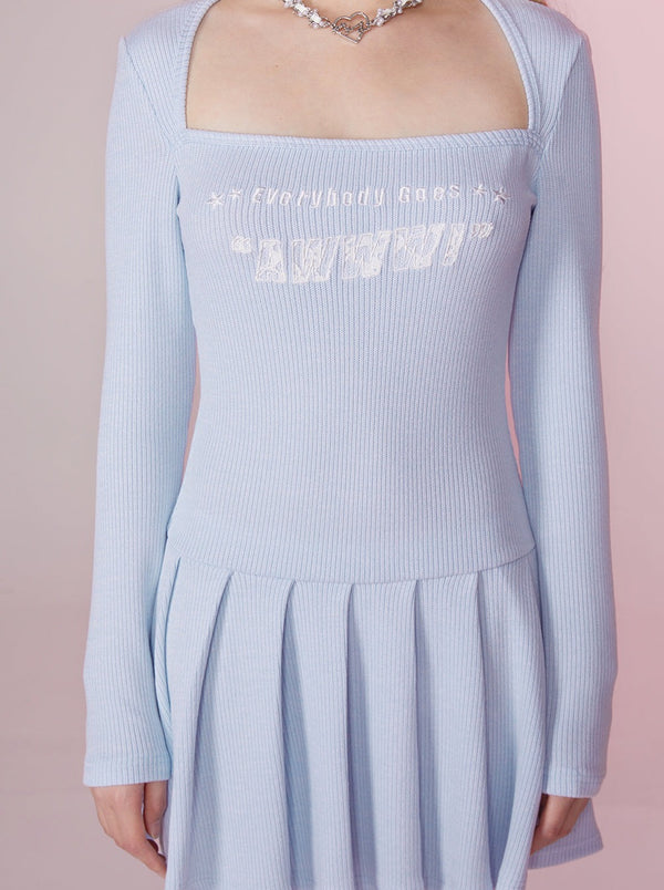 アメリカンスイートハートベイビーブルーニットレトロスクエアカラーワンピース