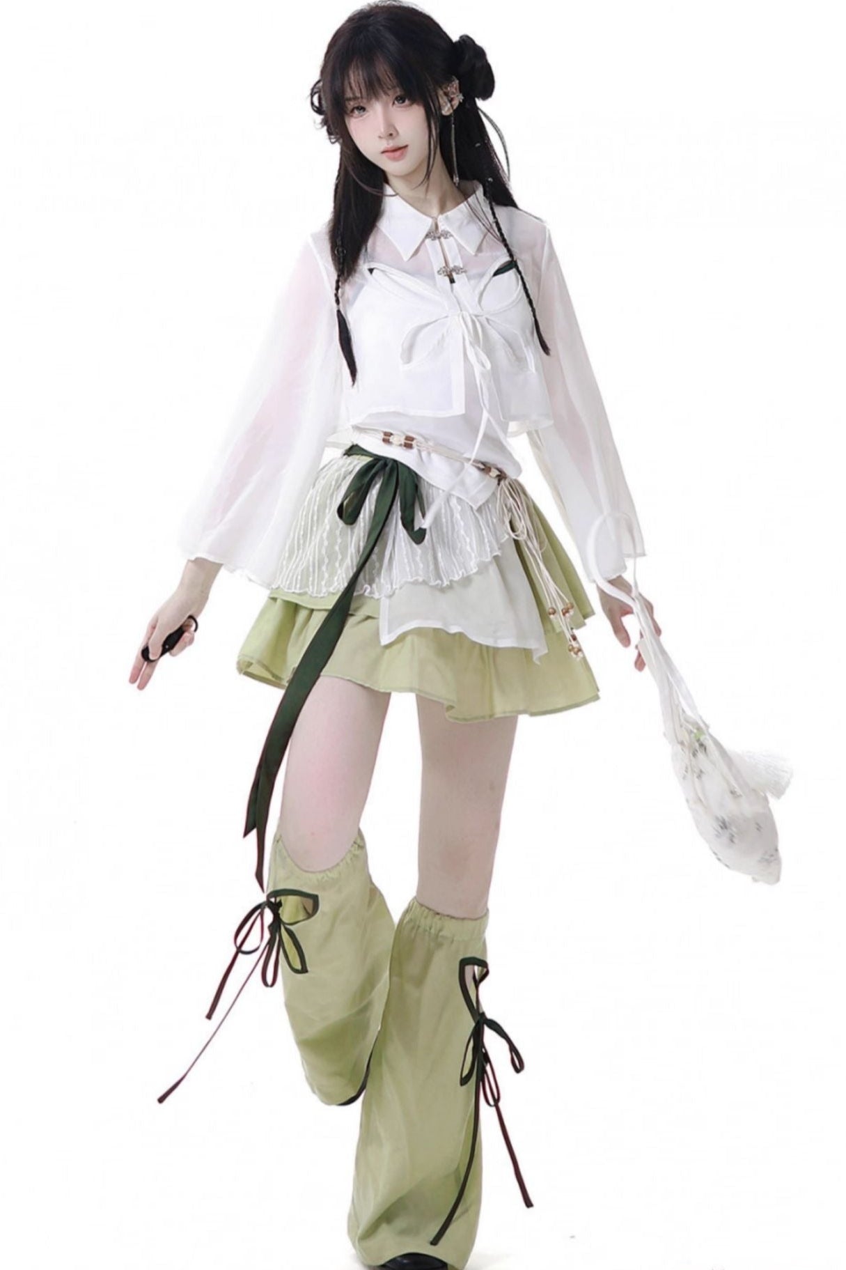 シフォンチャイナシャツ＋キャミソール＋ショートスカート＋ロングスカート＋レッグウォーマー