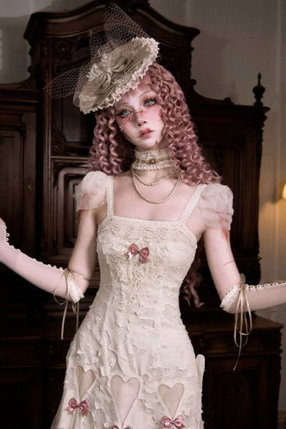 コットンラブハートリボンカットアウトレーススリップドレス