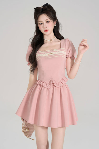 Pink Square Neck Puff Sleeve Top + Flare Skirt