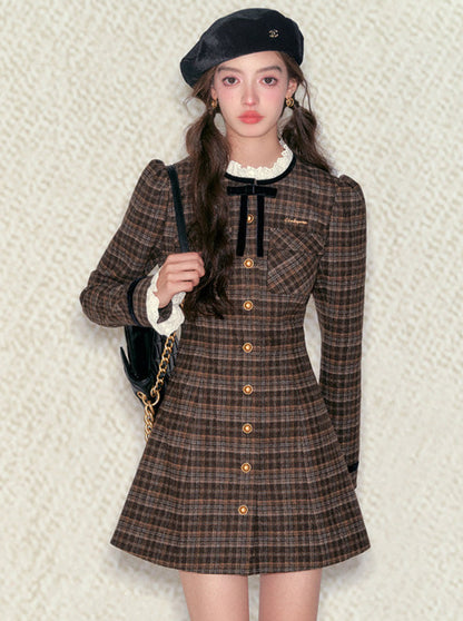 French Retro Ribbon Lace Brown Check Dress [Reserved Products]