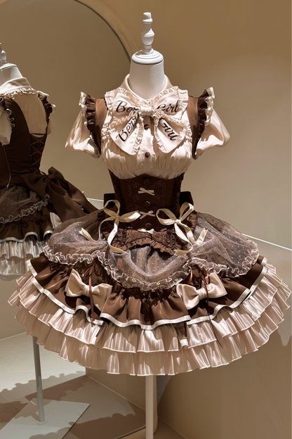 【5月12日予約締切】カフェモカロリータアイドルリボンパフスリーブシャツ＋コルセットチュールプルアップJKSドレスセットアップ
