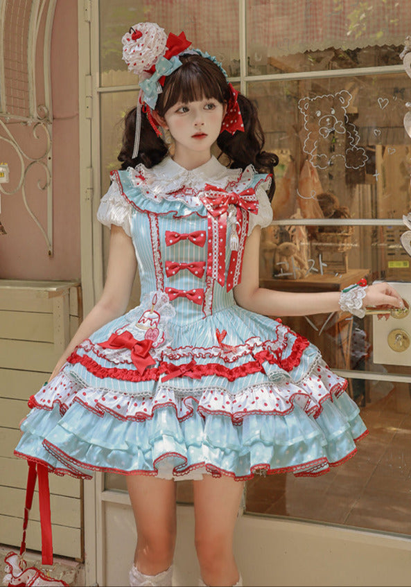 [Pre-order Deadline: September 27] Twin Tiered Lolita Dot Ribbon Striped Dress + Flower Bud Skirt Dress