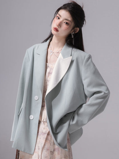 Contrast Green Field Pearl Lapel Collar Jacket