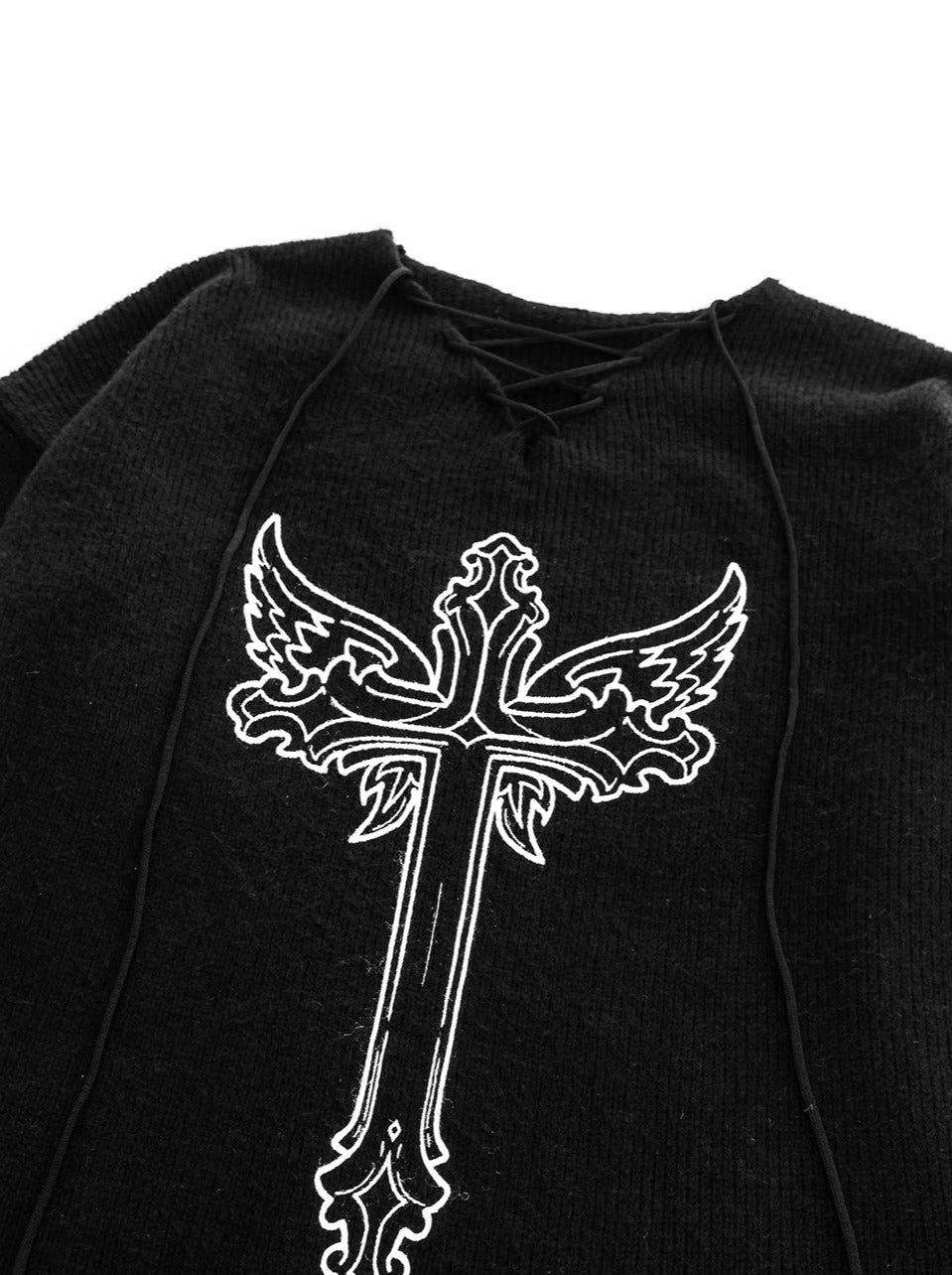 Rubber Printed Wing Cross Strap Neck Loose Dark Style Pullover Sweater