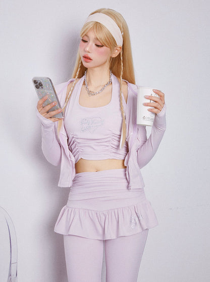 Sports Style Girly Foodie Jacket + Halter Neck Top + Pleated Frilled Pants