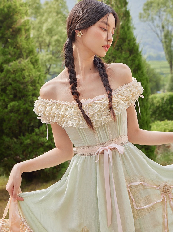 Green Kite French One Shoulder Lace Dress