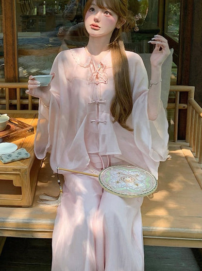 [Reservations] Sweet Sheer Chinese Cardigan + Camisole + Wide Leg Pants