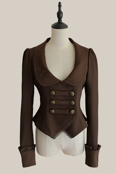 【9月19日予約締切】Classic Brown Rose Embroidered Lace Trim Jacket