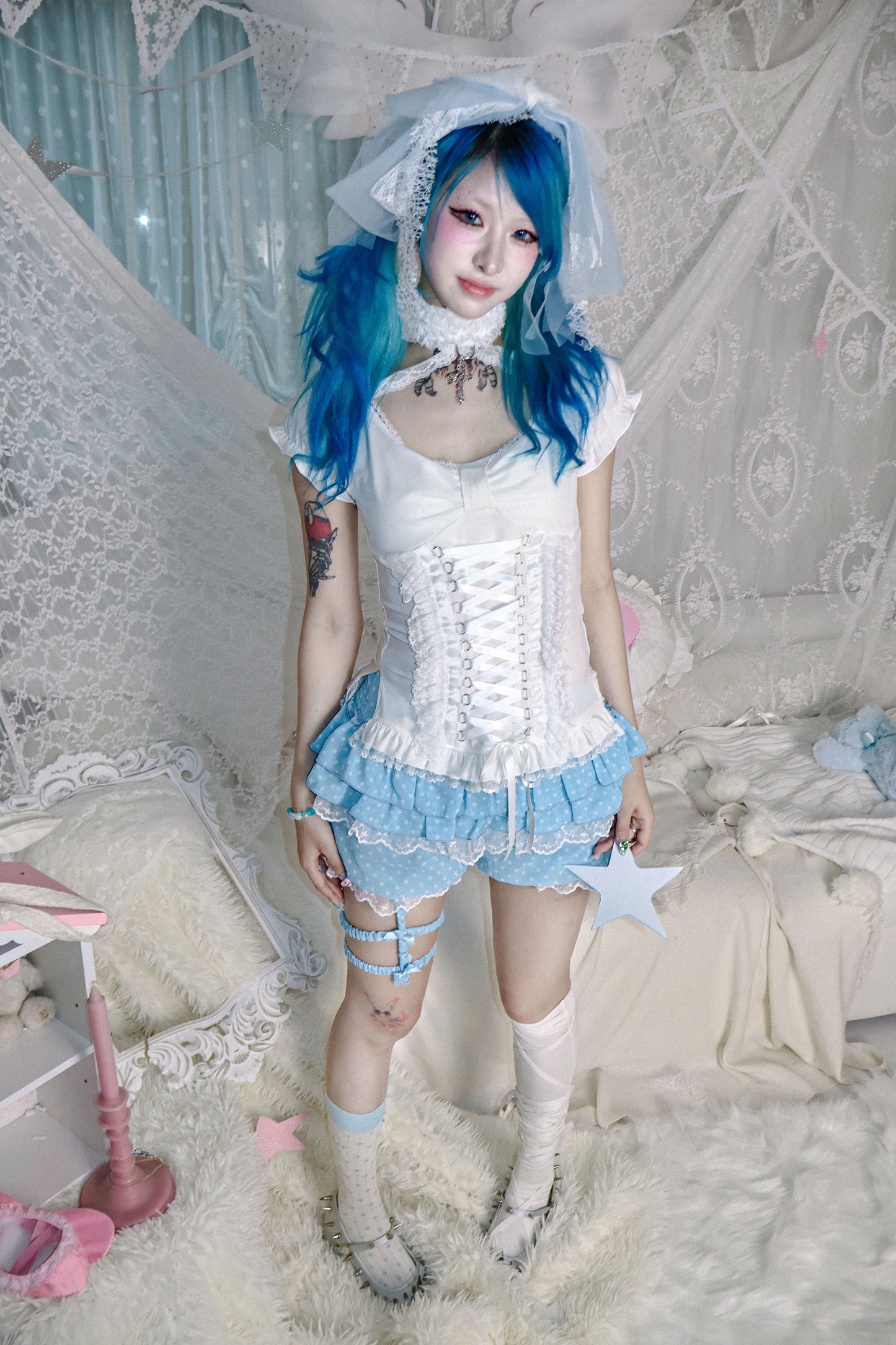 Y2Kドットレースレッグループ付きパンツ