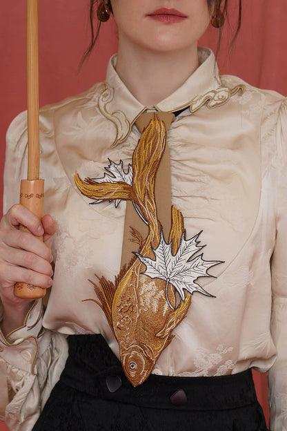 Kamo original Chinese style sinking fish fallen leaves tie women's matching shirt design sense niche embroidery bow tie accessories