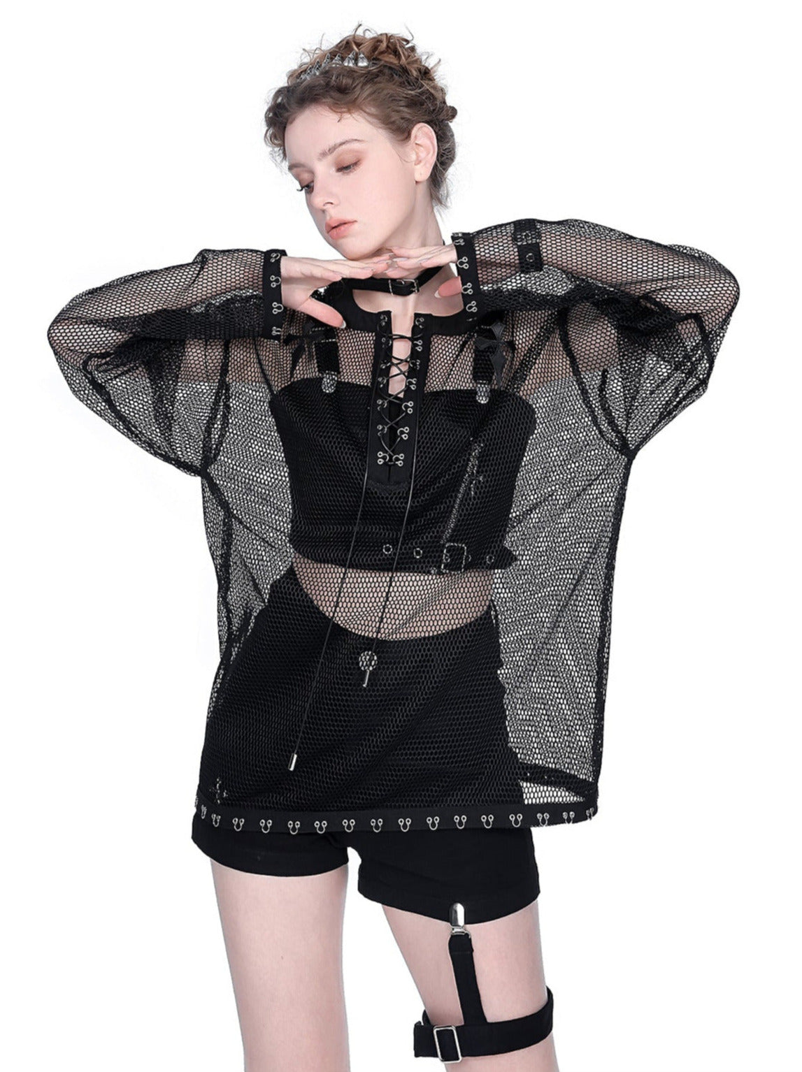 Mesh Sheer Metal Cross Lace-Up Mode Long T