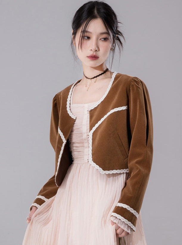 Latte Brown Patchwork Velvet Short Jacket