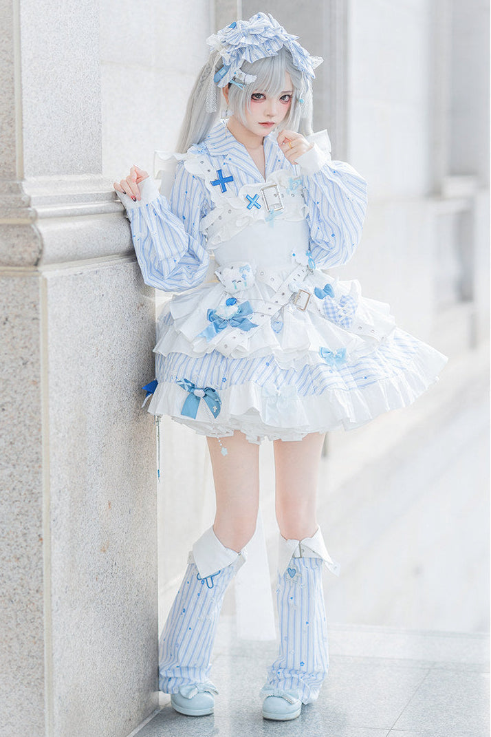 【11月5日予約締切】Blue White Striped Medical Lolita Nurse Sickly Kawaii Dress Suit Full Set (Shirt + Skirt + Apron + Back Ribbon + Leg Covers)
